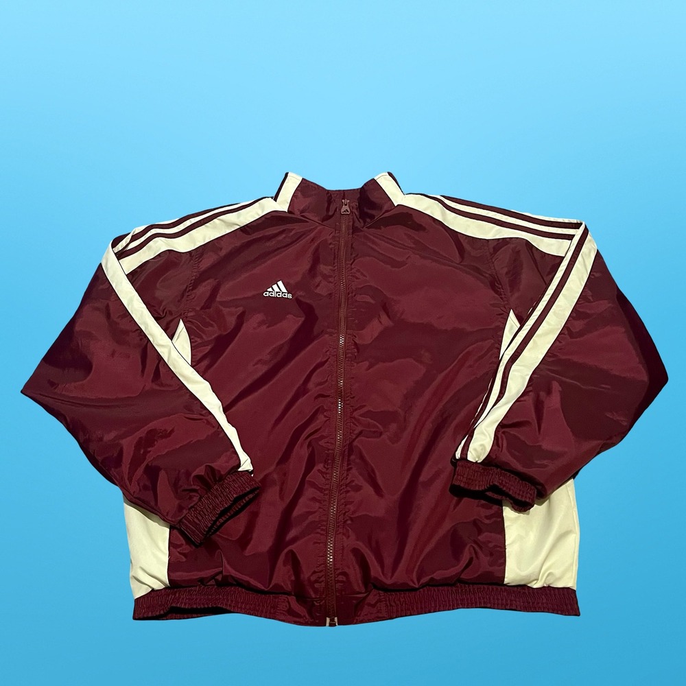 Adidas Team Mens Maroon Cream Three Stripe Full Zip Windbreaker Jacket Size M